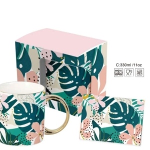 Taza De Cerámica Leaves Green + Tarjeta De Regalo - 330ml