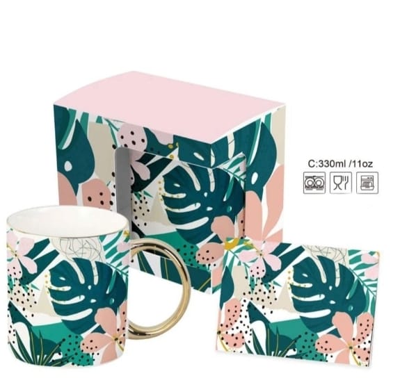 Taza De Cerámica Leaves Green + Tarjeta De Regalo - 330ml