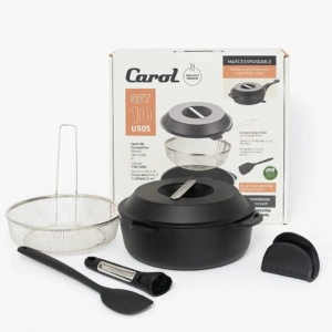 Set Sarten Cacerola 28cm Freidor Alum. Fundido 10 Usos Carol Negro