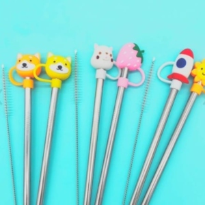 Set De Sorbetes De Acero + Limpiador Con Tapas De Silicona Cute - 3 Pzas