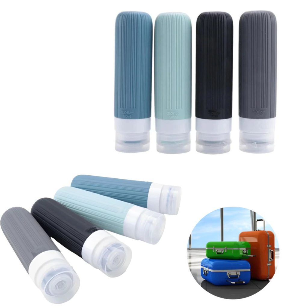 Set X 4 Botellas Siliconadas De Viaje Liso Celeste - 90 Ml