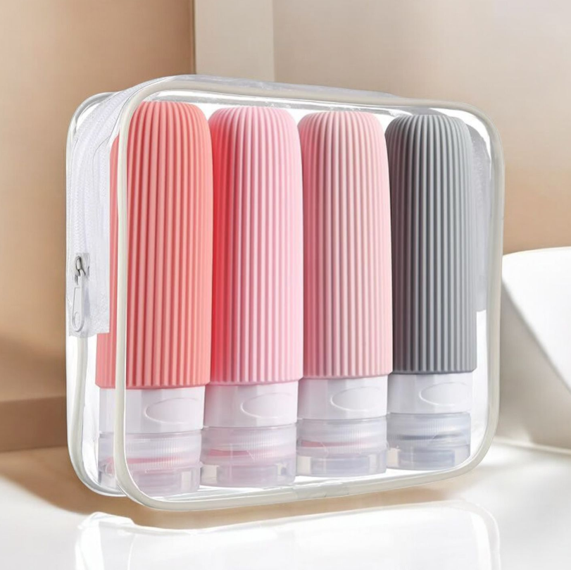 Set X 4 Botellas Siliconadas De Viaje Liso Rosa - 90 Ml